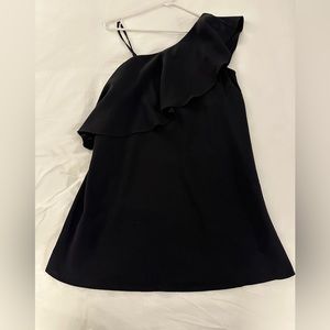 Black mini shift dress with one shoulder ruffle detail (size Small)